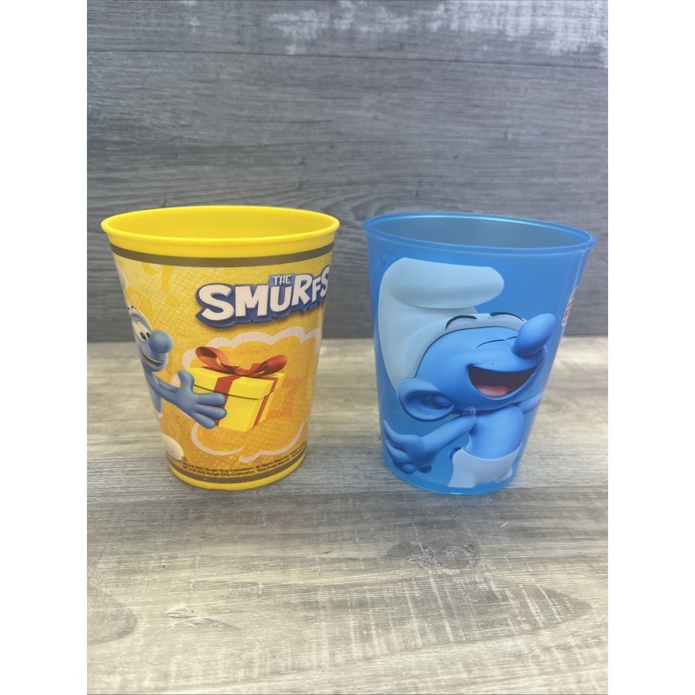 Burger King The SMURFS DRINKING Cups Lot OF 2 Yellow Blue Smurfette